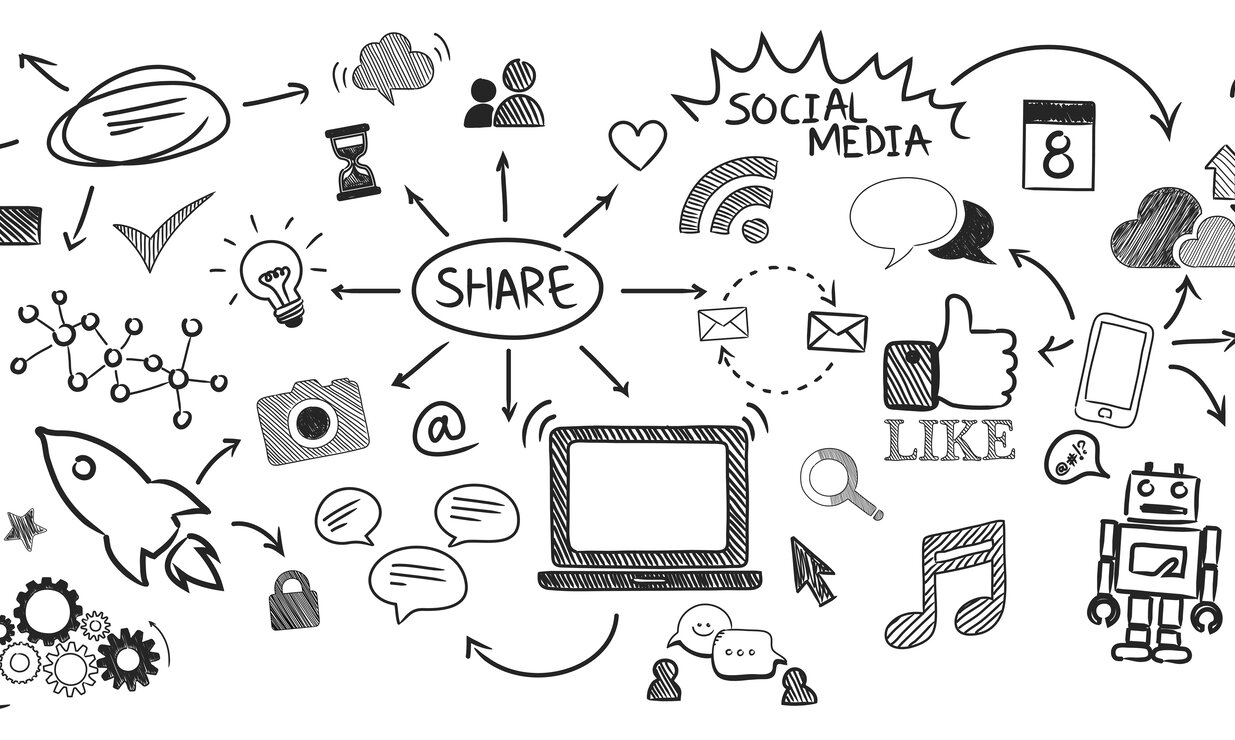 Eine Schwarz-Weiß-Illustration mit verschiedenen Social-Media-Symbolen, die in einem kreativen Design miteinander verbunden sind